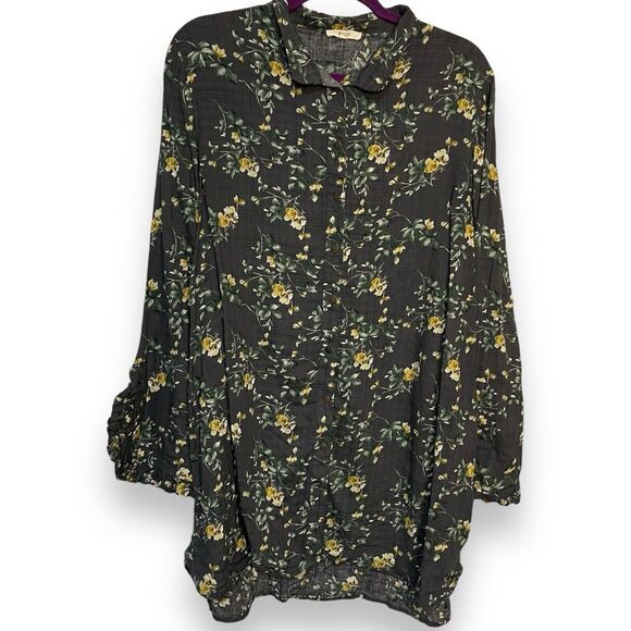 Easel Button Front Tunic Top Women's Medium Navy Blue Floral Casual Modest Shirt - Picture 1 of 13
